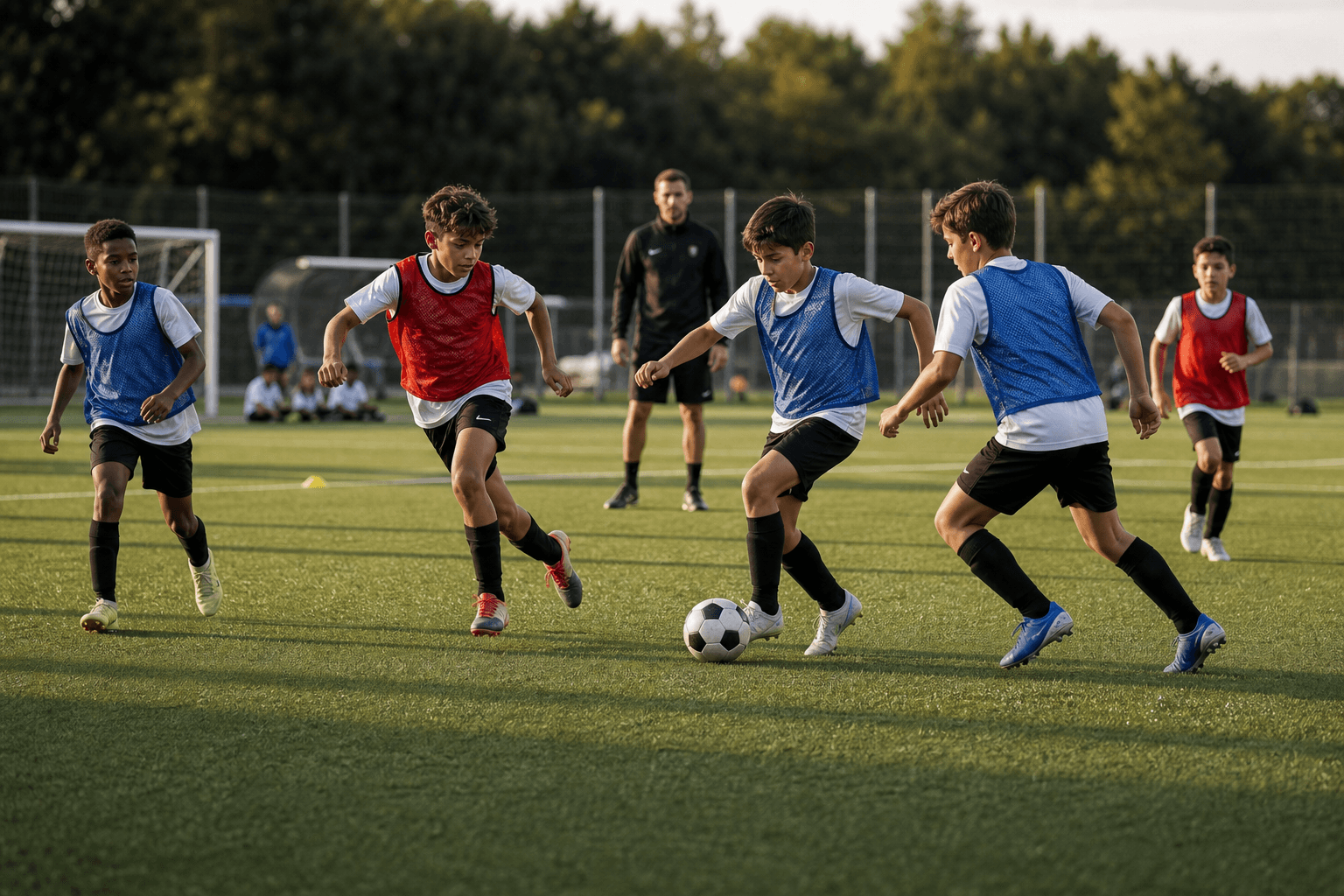 Youth players competing for the ball in a small-sided academy training match